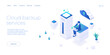 Cloud storage download isometric vector illustration. Digital service or app with data transfering. Online computing technology. 3d servers and datacenter connection network.
