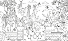 Big Coloring Book With Zoo Animals. Zoo Animals Set. Pandas, Giraffes, Elephants, Zebras, Elephants, Penguins, Monkeys, Parrots, Flamingos In Cartoon Style For Kids.