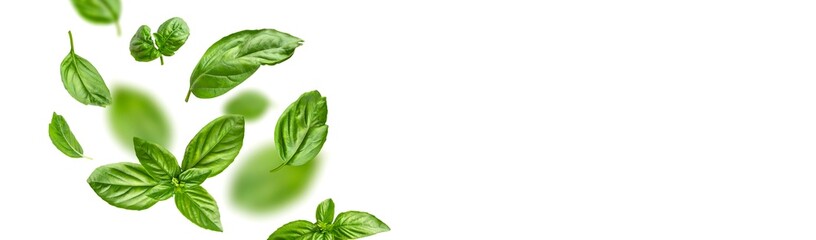 Wall Mural - Food levitation concept. Fresh green organic basil leaves flying on white background. Basil leaves isolated. Ingredient, spice for cooking. Creative layout with basil, fragrant spicy plant