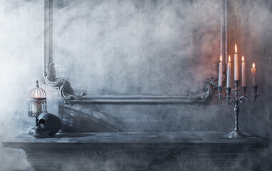 Mystical Halloween still-life background. Skull, candlestick with candles, old fireplace. Horror and witchery.