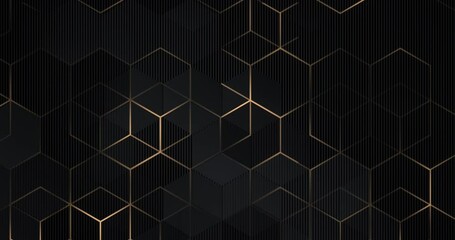 Wall Mural - 4k abstract luxury black grey gradient backgrounds with golden metallic striped grid. geometric hexa