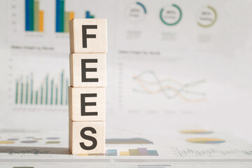 Four wood cubes with the word Fees on the background of white financial statements, strong business concept.