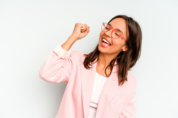 Wall Mural - Young hispanic woman isolated on blue background excited keeping ok gesture on eye.