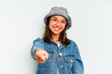 Wall Mural - Young hispanic woman isolated on blue background showing a dislike gesture, thumbs down. Disagreement concept.