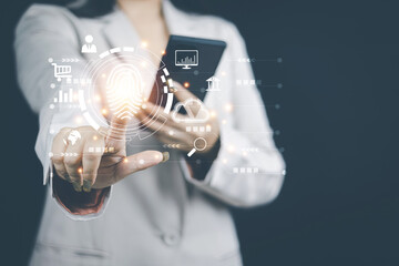 cyber security concept, woman's hand scanning finger to go online to access information both accessi