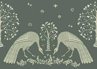 Byzantine traditional historical motifs of animals, birds, flowers and plants Seamless border pattern, linear ornament, ribbon in green. Vector illustration.