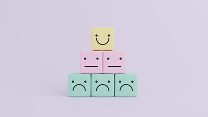 Wall Mural - Cube stacking with positive and negative emotion, Smile face icon on purple background, World mental health day, Feedback rating, Positive customer review, 3D rendering concept