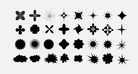 Minimalist geometric linear elements, brutalism shapes, abstract bauhaus forms. Simple star and flower shape, basic form, trendy modern outline graphic element vector set