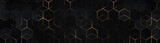 Fototapeta Desenie - Luxury hexagonal abstract black metal background with golden light lines. Dark 3d geometric texture illustration. Bright grid pattern. Pure black horizontal banner wallpaper. Carbon elegant wedding BG