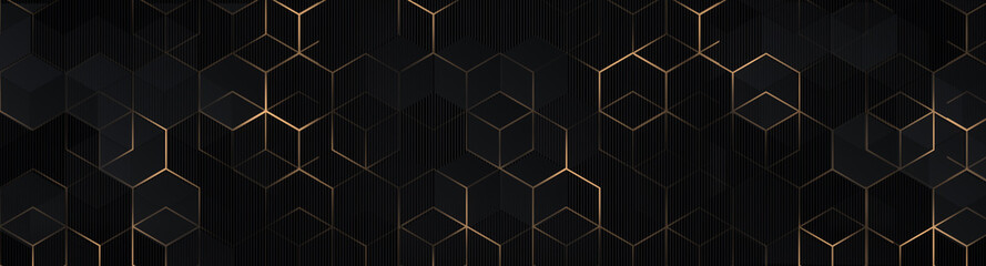 luxury hexagonal abstract black metal background with golden light lines. dark 3d geometric texture 