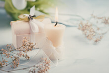 First Holy Communion Or Confirmation - Candle With Flowers And Small Present