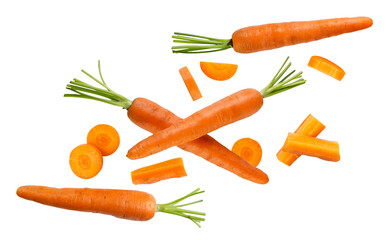 Carrots and pieces fly close-up on a white background. Isolated