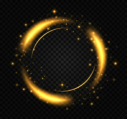 Wall Mural - gold light circle with sparkles. glowing golden twirl. curve light effect of golden line. flash flie