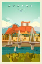 Athens City Architectural Monument Buildings Vector Poster Illustration. Greece