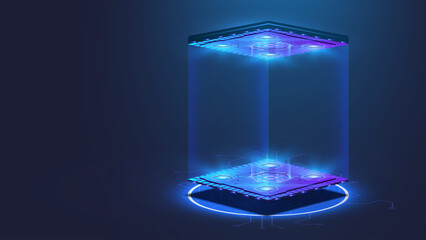 Poster - Futuristic empty stage. Modern Future background technology Sci-fi interior concept. Podium for show your product. futuristic cyberpunk concept. Pedestal for presentation product. Game Lab. Vector