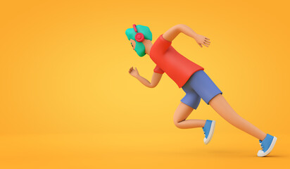 Male cartoon style character in a sprinting position. 3D rendering