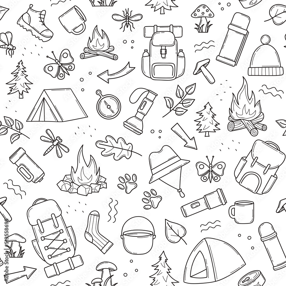 Seamless pattern of hiking equipment for summer camping, trekking ...