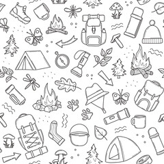 Seamless pattern of hiking equipment for summer camping, trekking, travel supplies for outdoor base camp in doodle. Print for textile, wrapping paper. Isolated vector illustration in sketch line