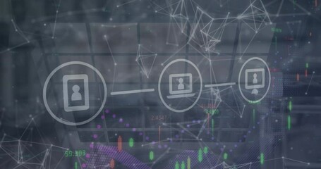 Wall Mural - Digital icons, financial data processing and network of connections against office window