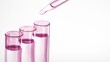 Three test tubes with pink liquid and lab droppers, Abstract body care cosmetics formulation concept