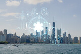 Fototapeta  - City view, downtown skyscrapers, Chicago skyline panorama, Lake Michigan, harbor area, day time, Illinois, USA. Health care digital medicine hologram. The concept of treatment and disease prevention