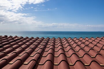 Canvas Print - Bright shot of the blue sea under a sunny sky shot from a beach house terracotta roof in summer