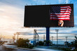 © totojang1977 - Beautiful and sexy Asian lady in white bra lingerie and The United States of America flag advertise on billboard blank for outdoor advertising poster or blank billboard for advertisement.