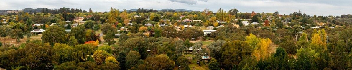 Canvas Print - Panoramic view of green trees and a village the near Beechworth Gorge, Victoria, Australia