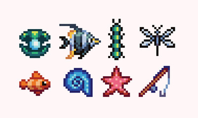 Wall Mural - Fishing catch and rod pixel art set. Fish, insects and shellfish collection. 8 bit sprite. Game development, mobile app.  Isolated vector illustration.