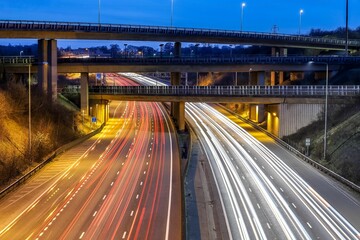 Beautiful shot with long exposure of cars motion on two ways bridge in the evening