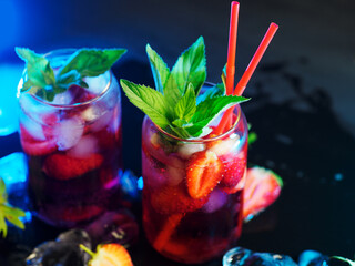 Wall Mural - strawberry lemonade. refreshing summer cold drink. blue background
