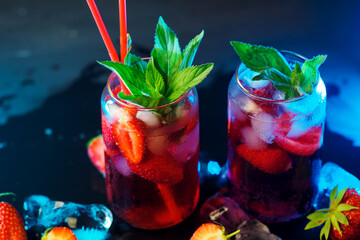 Wall Mural - strawberry lemonade. refreshing summer cold drink. blue background