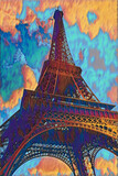 Fototapeta Paryż - Looking up at the Eiffel tower in Paris France, with a blue sky with colorful clouds.  Filters were used to create the vibrant colors. 
