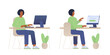 Vector illustration of a male character. Black man works at the computer in the office. Front and back view. Flat design, isolated on white background.