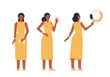 Vector illustration of a female character. Poses front, side, back. A woman in a dress is standing. Flat design, isolated on white background.