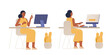 Vector illustration of a female character. Black woman works at the computer in the office. Front and back view. Flat design, isolated on white background. 