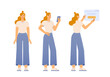 Vector illustration of a female character. Poses front, side, back. A woman in a casual outfit is standing. Flat design, isolated on white background. 