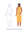 Vector illustration of a female character. Body parts for animation. A black woman in yellow dress standing, front view. Flat design, isolated on white background. 
