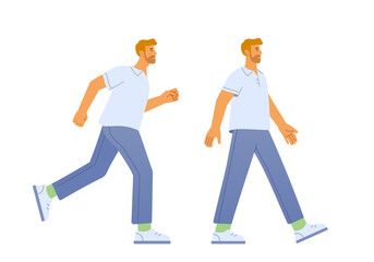 Wall Mural - Vector illustration of a male character. Side running and walking poses for animation. A man walks and runs. Flat design, isolated on white background.