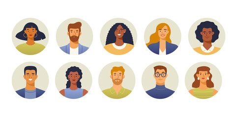 Poster - Set of people avatars. Smiling human male and female portrait in circle. Isolated on white background. Trendy, modern illustration in flat design. 