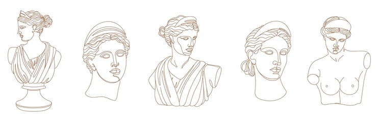 Set of one line Ancient Greek goddess statue. Artemis classical mythological sculptures in different poses. Vector art for design of posters, clothes, logo, invitations on white color background.