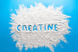 Scattered powder with the word creatine written on it on a blue background.
