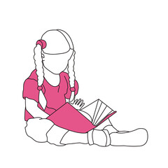 Wall Mural - Child is sitting with a book or magazine. Reads or examines pictures. Line art and pink color. Vector graphic.