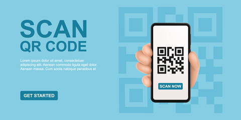 QR code scan service banner. Verification concept. 3d hand with smartphone scans QR code. Template design for website, landing page, ui, social media. Vector illustration