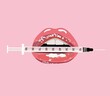 Lips holding a syringe. Beauty concept of lip filler lips. Esthetician nurse logo