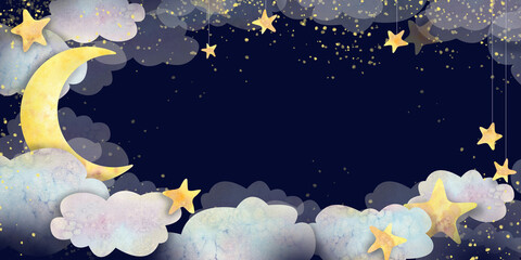 horizontal frame with clouds, moon and stars with dark blue background. children's, watercolor illus