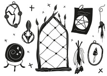 A Set Of Mystical And Magical Elements. Vector Illustration. Items For Divination And Magic. Mushrooms, Broken Mirror, Gothic Window, Ginger, Dried Flowers, Scissors, Pentagram, Magic. Witchcraft.