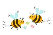 Cute Funny Two Bees With A Bouquet Of Flowers On A White Background.