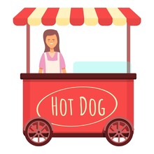 Girl Hot Dog Seller Icon Cartoon Vector. Food Stand. Vendor Market