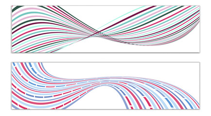 Wavy lines or ribbons. Set of 2 covers. Multicolored striped. Creative unusual background with abstract wave lines for creating a trendy banner, poster. vector eps
